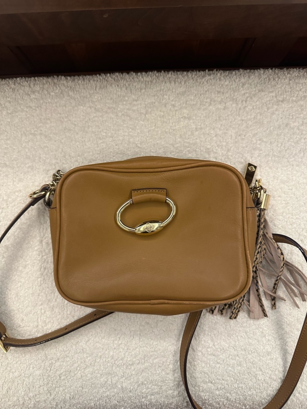 ANTONIO MELANI Caramel Brown Leather Crossbody with Gold Ring Accent
